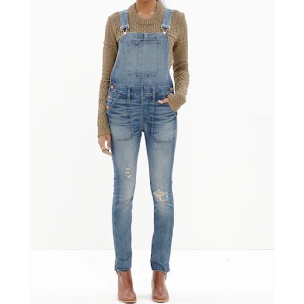 Madewell Skinny Overalls Adrian Wash Womens XS Stretch Denim Blue Distressed Bib